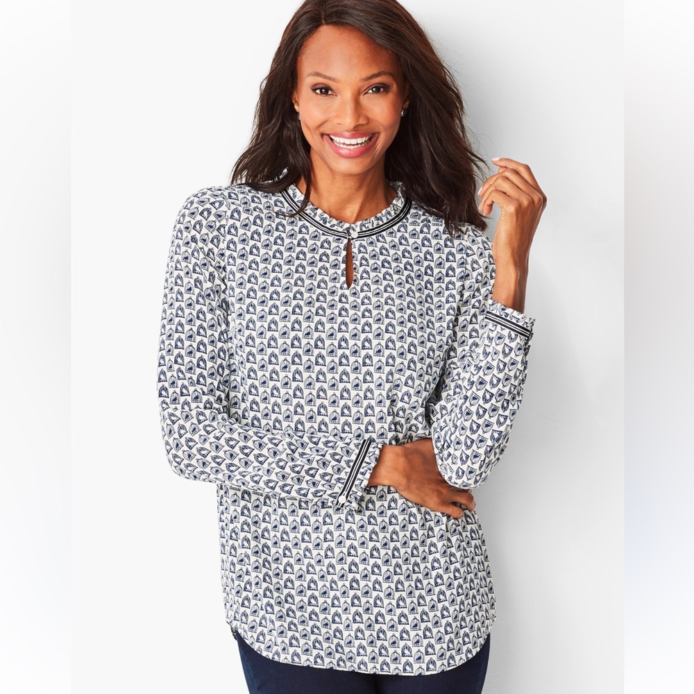Talbots Women’s Blouse Birdcage Print Blue White size Large Petite - Picture 1 of 10